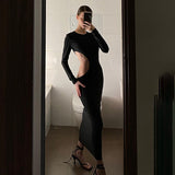 Autumn Designer Clothes Black Long Sleeves Hollow Out Casual Evening Party Sexy Women'S Prom One Piece Basic Maxi Dresses
