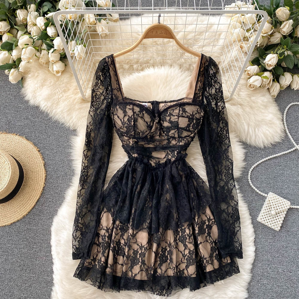 Gbolsos Elegant Black Lace Dress Women Sexy Hollow Out Mini Party Dress Square Collar Full Sleeve Slim Waist A-line Clubwear Robe Femme