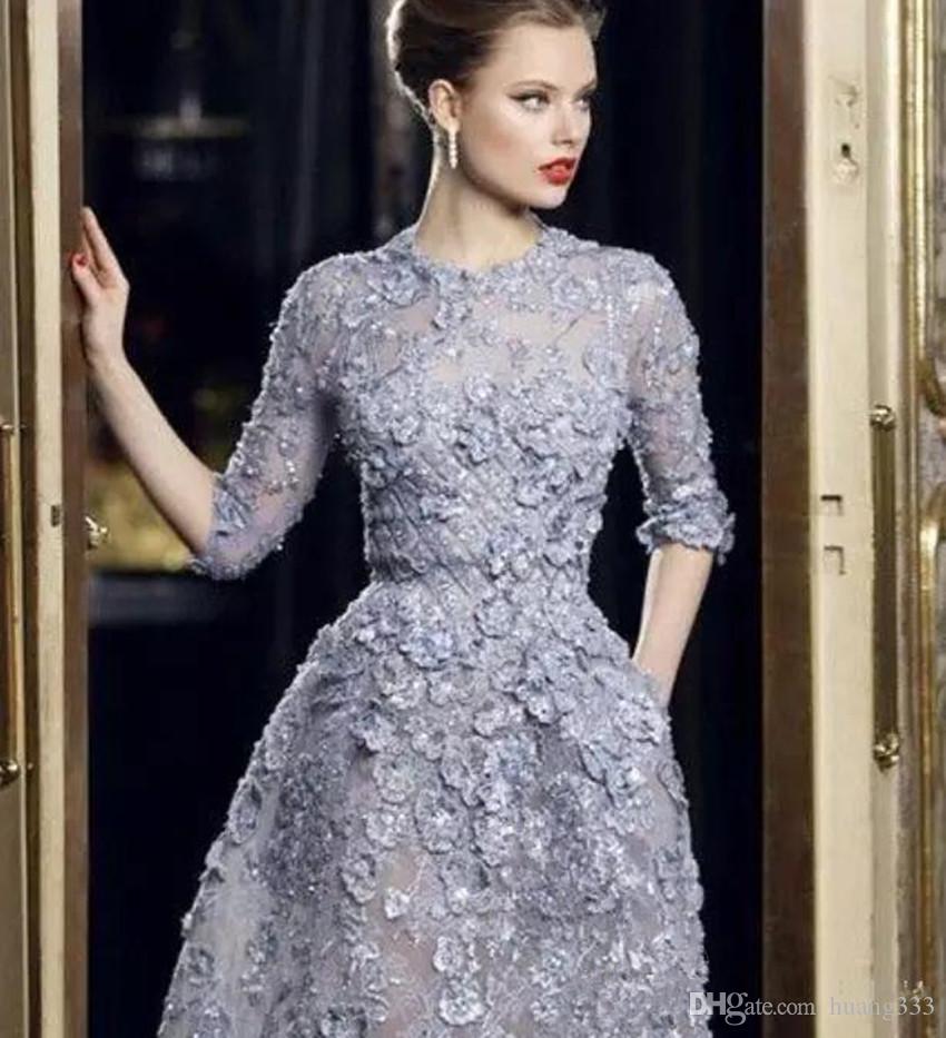 Evening Dresses Elegant Lace Applique A-Line Prom Gowns 3/4 Long Sleeve Tea Length Sexy Formal Party Celebrity Dress Customized