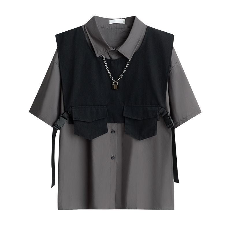 Vest 2-piece summer trend dark tooling functional style versatile cool shirt men's short sleeve loose top