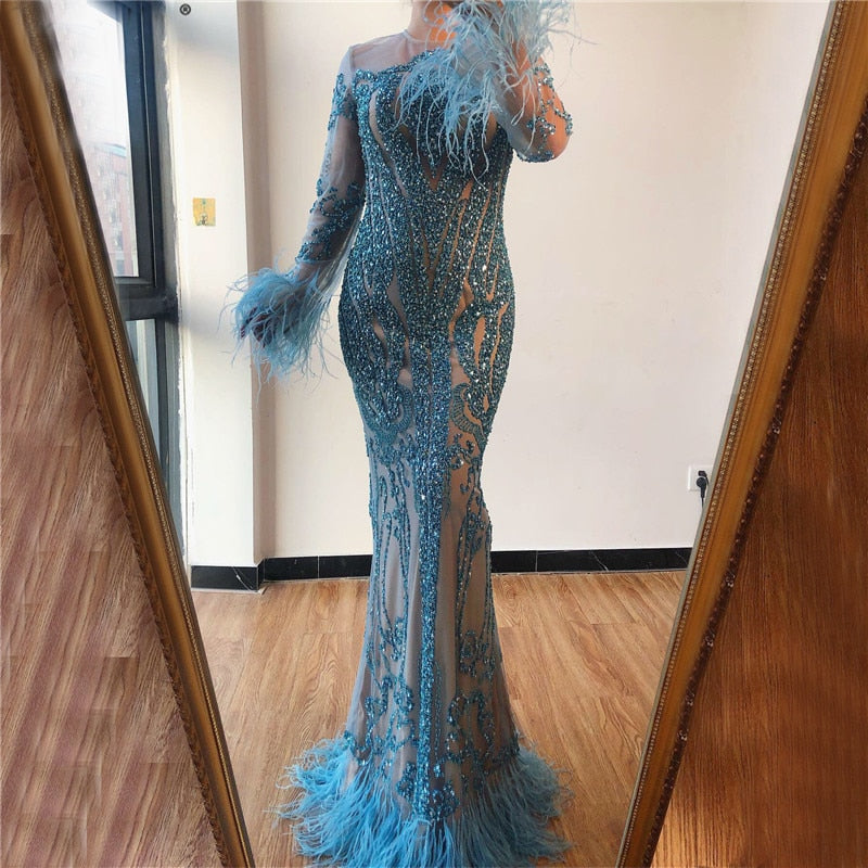 Gbolsos Fashion Mermaid Evening Dresses Jewel Long Sleeves Lace Sequins Feather Prom Gowns Custom Made Sweep Train Party Dress
