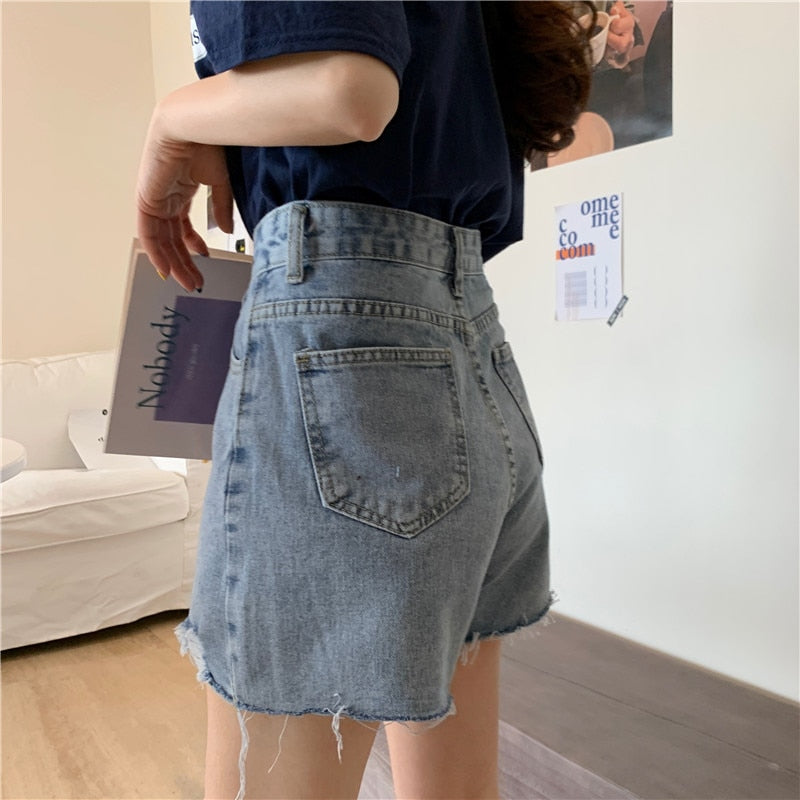 Gbolsos Denim Shorts Women Pockets Teens Streetwear Korean Vintage High Waisted Ins Ladies Trouser Summer Chic Stylish All-match Simple