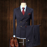 Gbolsos Mens Suits 2 Pieces Vintage Double Breasted Suit Navy Blue Stripe Terno Slim Fit Large Lapels Wedding Groom Tuxedo Tailcoat Men