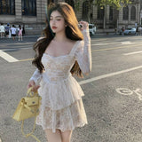 French Sweet Lace Fairy Dress Women Sexy Slim Korean Party Vintage Dress   Elegant Princess Long Sleeve Ruffles Retro Dresses