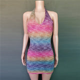 Gbolsos V-Neck Knitted Dress Tie-Dye Holiday Party Backless Beach Cover-Up Dress Bodycon Slim Sleeveless Summer Mini Sweater Dress