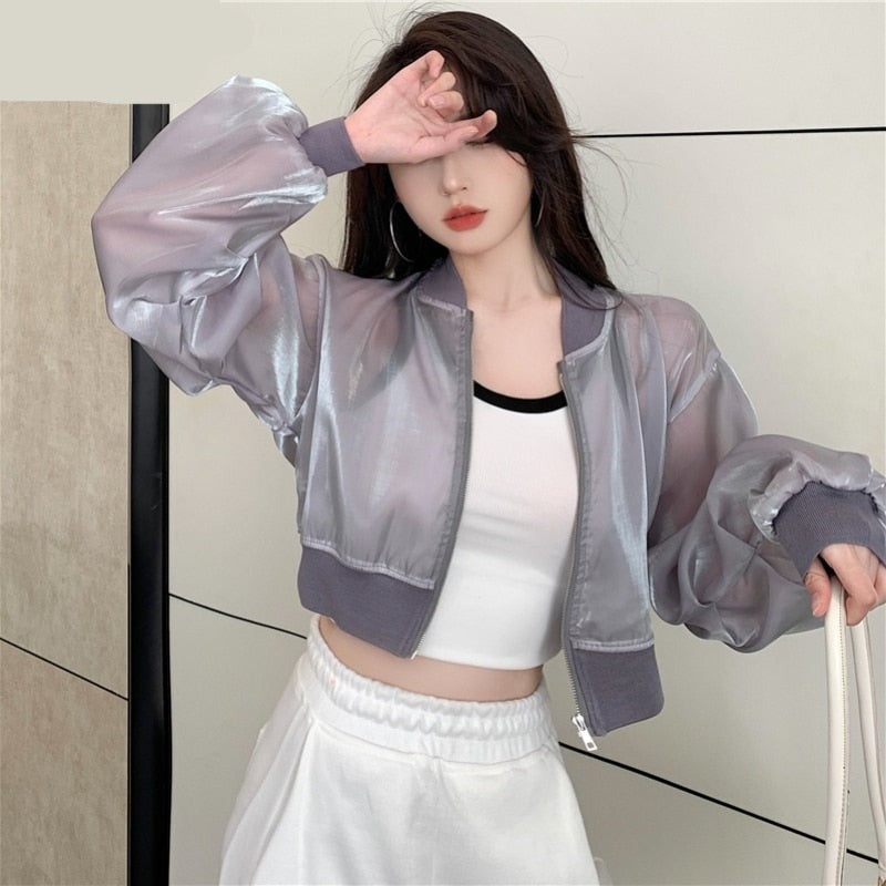 Gbolsos Jackets Women Cropped Thin Summer Zipper Pure Color Cool Simple Outwear Sun Protection Outdoor Fashion Ladies Leisure Popular
