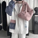 Gbolsos Men's Streetwear Bomber Jacket Fashion Trend Coats Cartoon Printing Windbreaker Loose Pink/blue Color Outerwear Size S-3XL