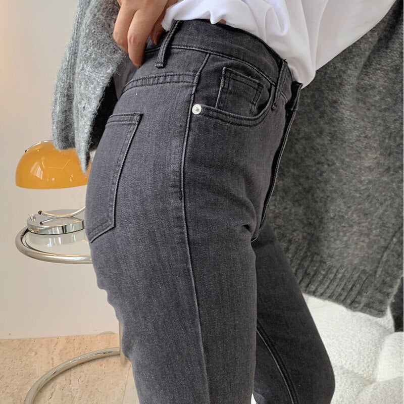 Gbolsos Spring And Autumn Women's Casual Solid Color High-rise Slim Straight-leg Jeans