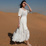 Vintage Women's Dresses Hollow Flower Embroidery V-Neck Puff Sleeve Midi Dress Bow Lace-Up Bohemian Prom Dress White