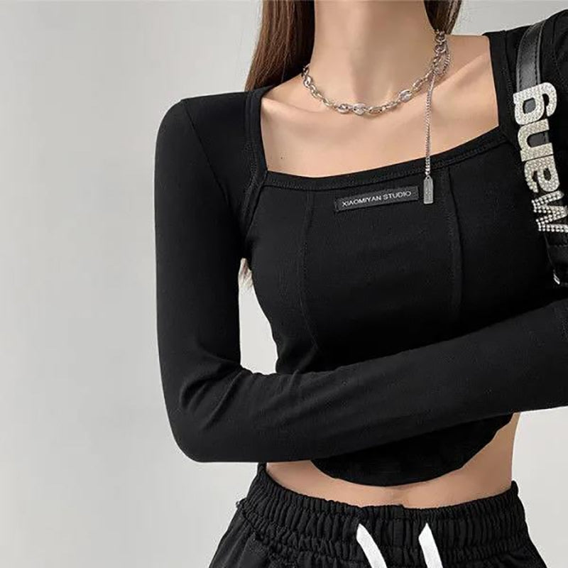 Gbolsos American Style Brown Cropped Top Women Fashion Skinny Sexy Long Sleeve T Shirts Female Casual Square Neck Tees