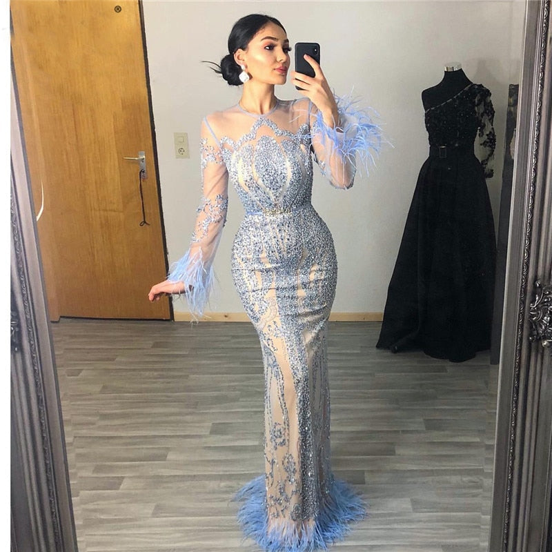 Gbolsos Fashion Mermaid Evening Dresses Jewel Long Sleeves Lace Sequins Feather Prom Gowns Custom Made Sweep Train Party Dress