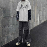 Black Hip Hop T-Shirt Mens Casual Autumn Tops Tee Fake Two Pieces Long Sleeve Men T Shirt Fashion Japan Tshirt Streetwear Boys