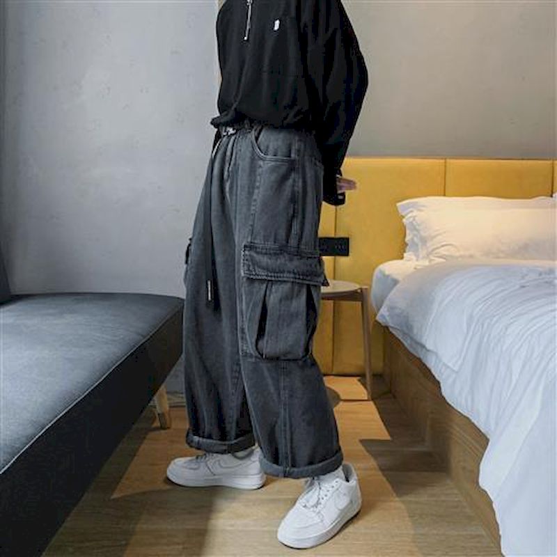 Gbolsos Wide-leg Jeans Men's Autumn Daddy Trend Student Loose Straight-leg Pants Japanese Retro Big Pocket Loose Wild Fashion New W