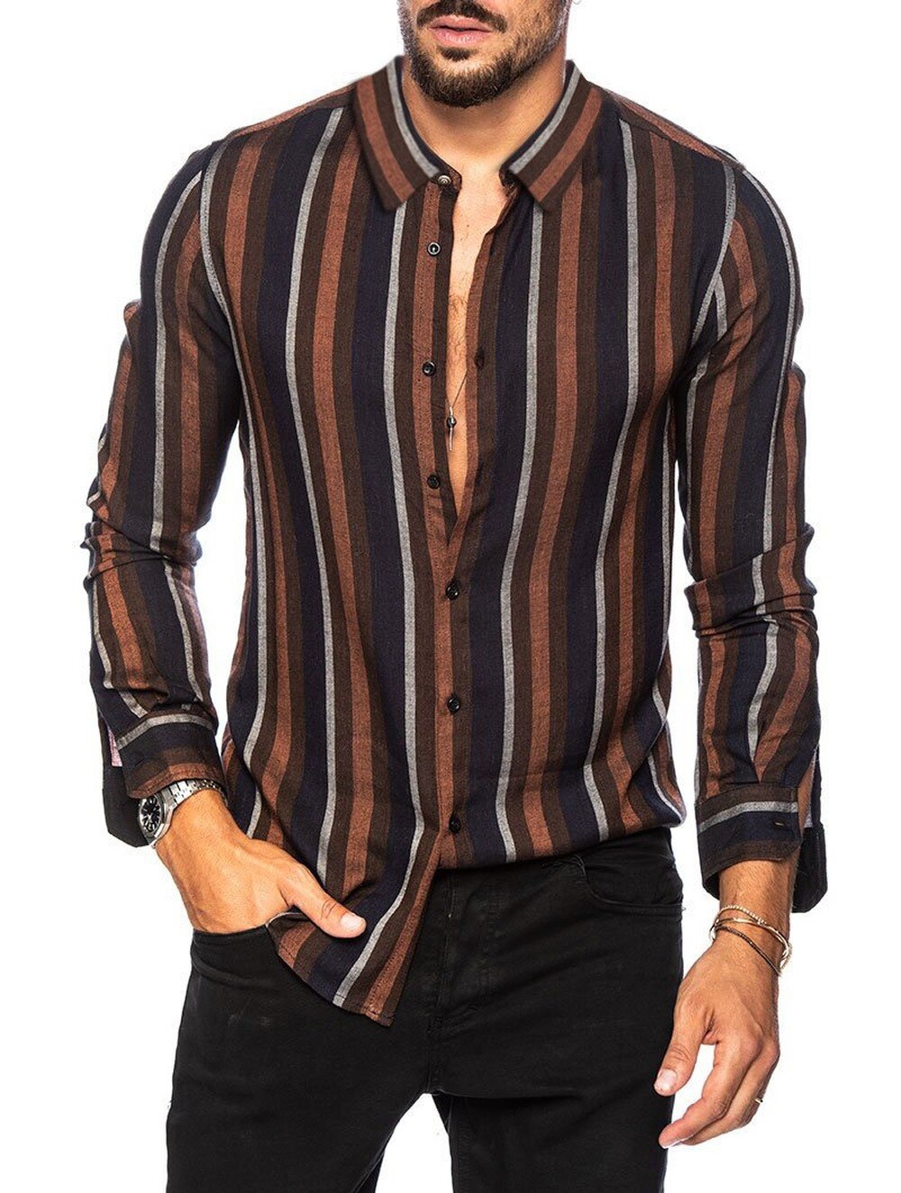 Gbolsos Spring and summer new men's striped shirt Slim multi-color lapel men's casual long-sleeved shirt youth men's clothing