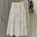 Boho Elegant White Long Skirt Women Hook Flower Hollow Folds Hem High-waisted Skirts Casual Holiday Female Clothes