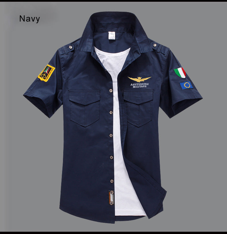 New Men's Shirts Summer Embroidery Short Sleeve Tops 100% Cotton Cool Casual Air Force Male Millitary Cargo Shirt Plus Size