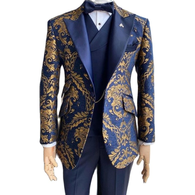 Gbolsos Floral Jacquard Tuxedo Suits for Men Wedding Slim Fit Navy Blue and Gold Gentleman Jacket with Vest Pant 3 Piece Male Costume