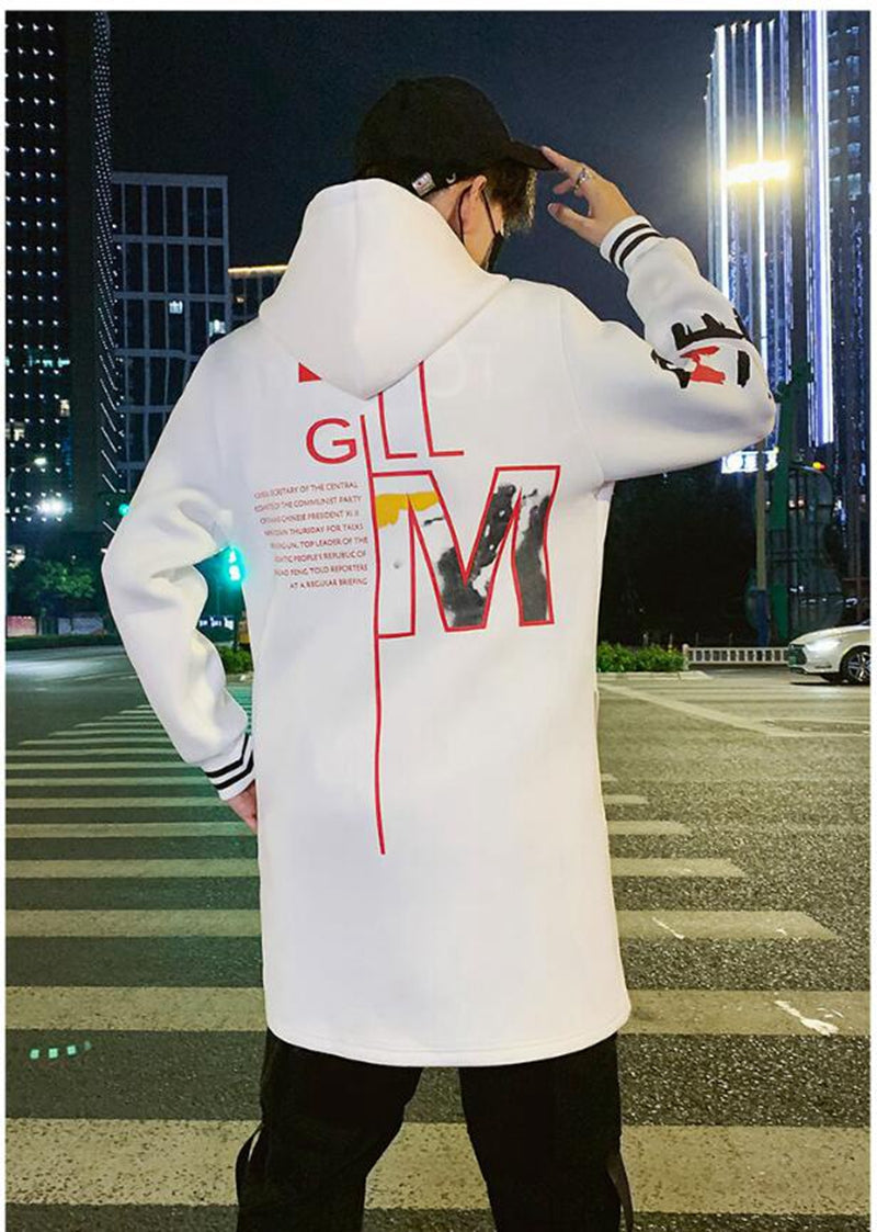 GbolsosWinter Slim Long Trench Coat Men Letter Print Style Hooded Overcoat Black Hip Hop Streetwear Autumn Korean Mens Jacket