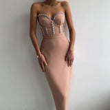 Gbolsos Sexy Strapless Women Dress Bandage Bodycon New Elegant Beading Party Evening Club Midi Dresses Summer Autumn Clothes