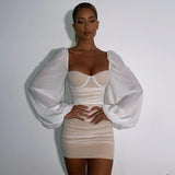 White Mesh Long Lantern Sleeve Winter Dress Women Mini Club Party Sexy Dress Strapless Backless Dresses Vestidos