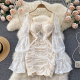 Gbolsos French Elegant Women Floral Lace Fairy Dress Sexy Hollow Out Long Flare Sleeve Padded Square Collar Ruched Mini Party Dress Robe