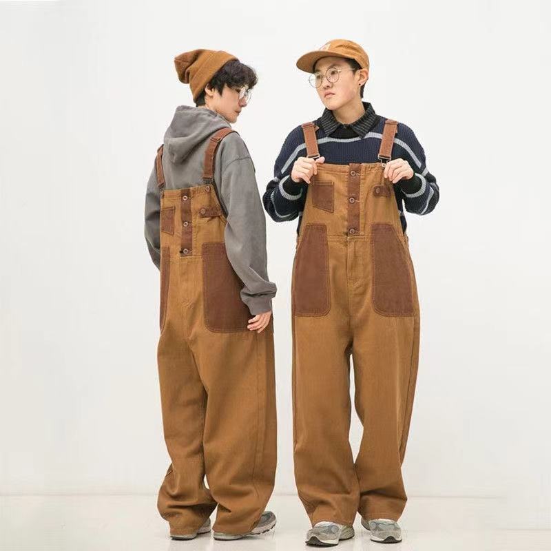 Gbolsos Men's New Japanese Retro Overalls Brown Color Casual Pants Couple Pants Loose Straight Trousers Salopettes Romper Jumpsuit