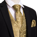 Gbolsos 4PC Mens Extra Silk Vest Party Wedding Gold Paisley Solid Floral Waistcoat Vest Pocket Square Tie Suit Set Barry.Wang BM-2017