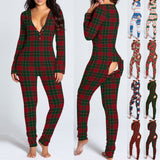 Gbolsos Women's Christmas Print Sexy Pyjama Front Back Button-Down Functional Buttoned Flap Sleepwear Long Sleeve Adults Jumpsuit