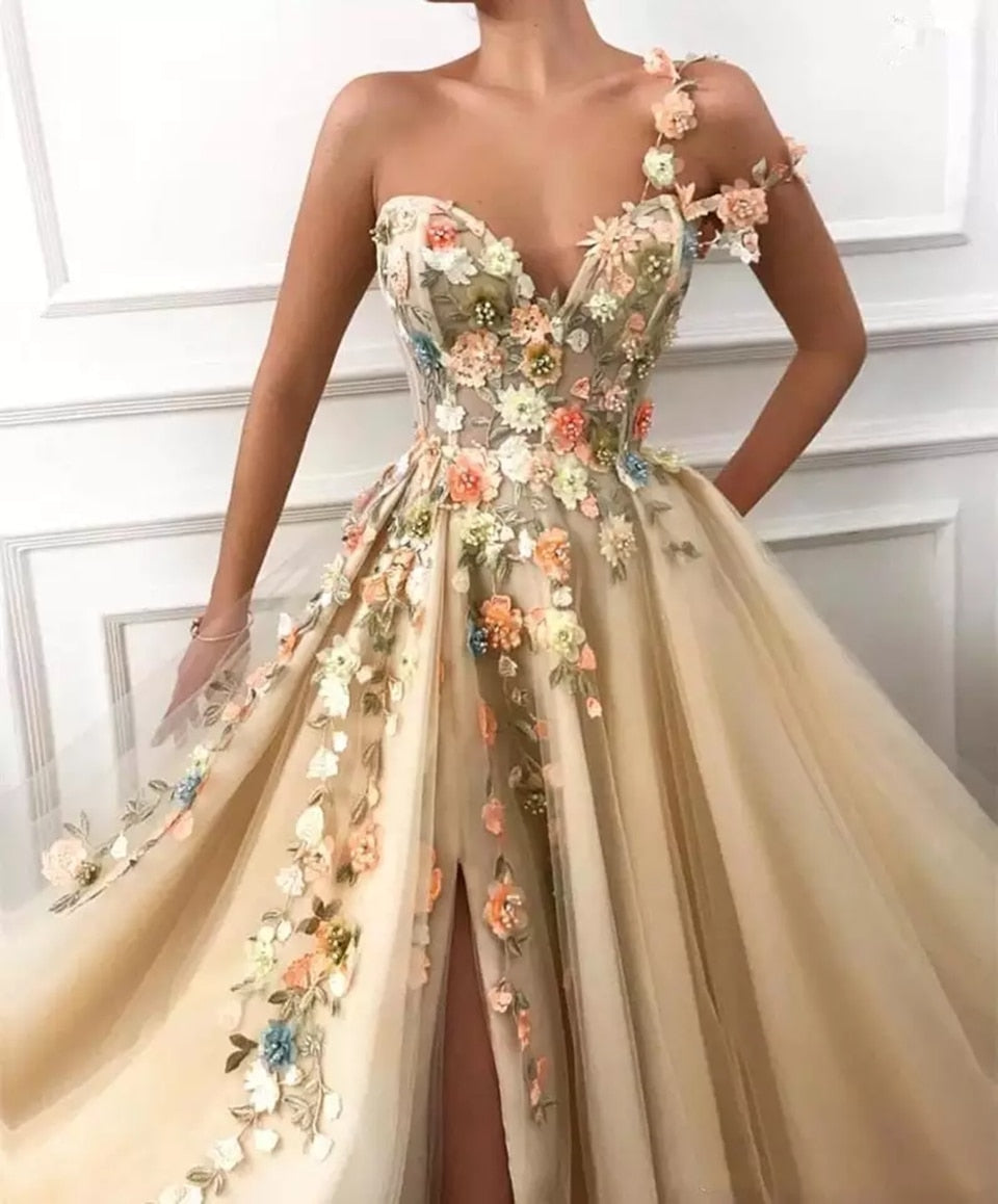 Champagne Split Prom Dresses Long Evening Dress Lace Luxurious Appliques Flowers Evening Gown A-Line One Shoulder Vestidos robes