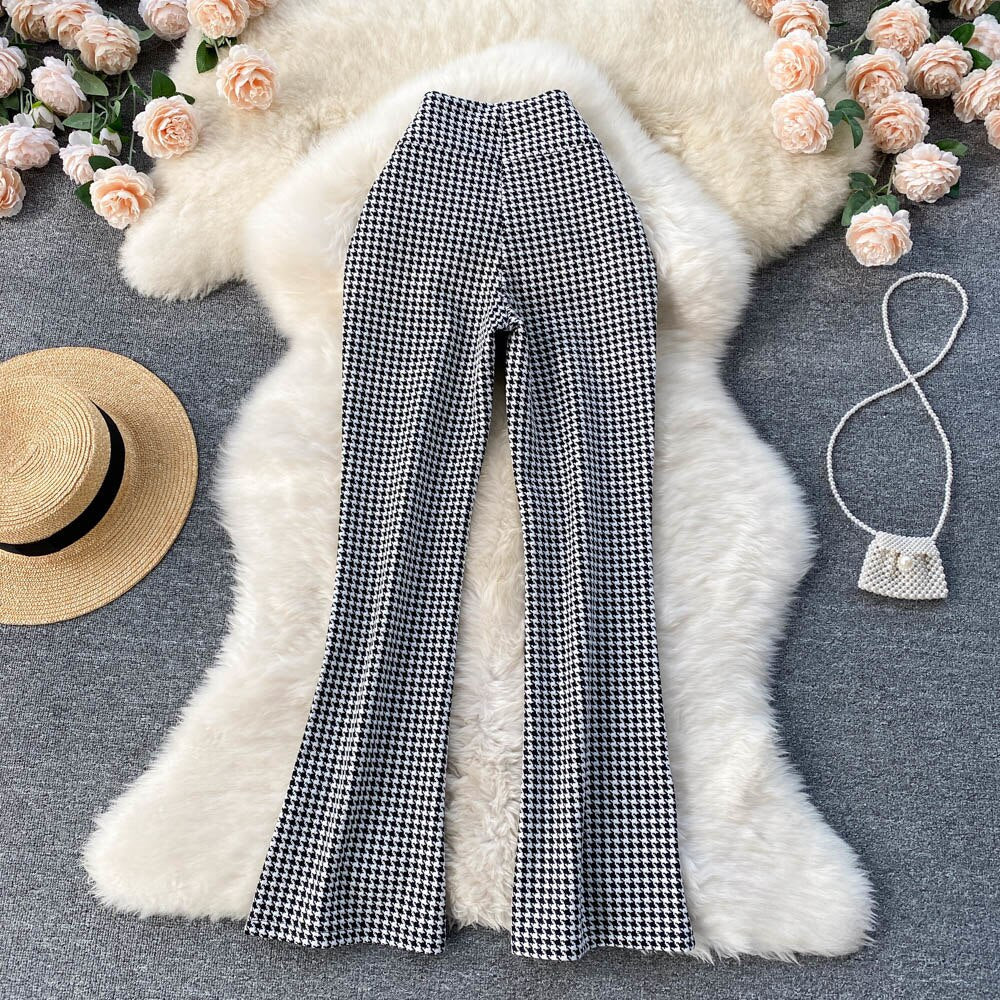 Gbolsos Houndstooth Print Long Pants High Waist Vintage Long Trousers Women New Spring Autumn Slim Split Hem Casual Female Patns