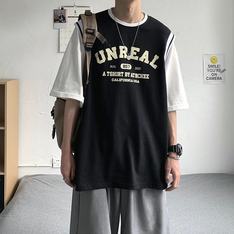 Gbolsos Summer fake two-piece short-sleeved T-shirt for men women Korean loose half-sleeved shirts student unisex hip-hop sports tops