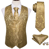 Gbolsos 4PC Mens Extra Silk Vest Party Wedding Gold Paisley Solid Floral Waistcoat Vest Pocket Square Tie Suit Set Barry.Wang BM-2017