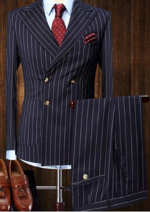 Gbolsos Mens Suits 2 Pieces Vintage Double Breasted Suit Navy Blue Stripe Terno Slim Fit Large Lapels Wedding Groom Tuxedo Tailcoat Men