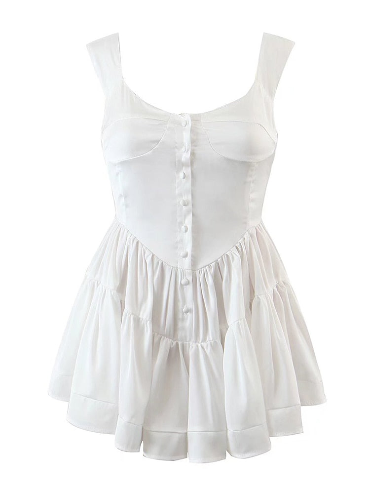 Gbolsos Women White Sleeveless Tank Dress Fashion Ladies Square Neck Satin Chiffon  Summer Dress Short Vestido