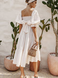 Women Summer Dresses Ruffle Square Neck Puff Sleeve Bow Midi Dress Bohemian Beach Party Elegant Female Vestidos Robe