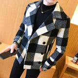 Gbolsos Autumn Winter New Double-Breasted Windbreaker Slim Short Men Woolen Coat Fashion Retro Plaid Thick Casual Windbreaker Coat