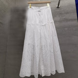 Boho Elegant White Long Skirt Women Hook Flower Hollow Folds Hem High-waisted Skirts Casual Holiday Female Clothes