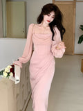 Gbolsos Autumn Solid Elegant Fairy Dresses Women Casual Party Fashion Korean One Piece Dress Female Lace Vintage Chic Midi Dresses