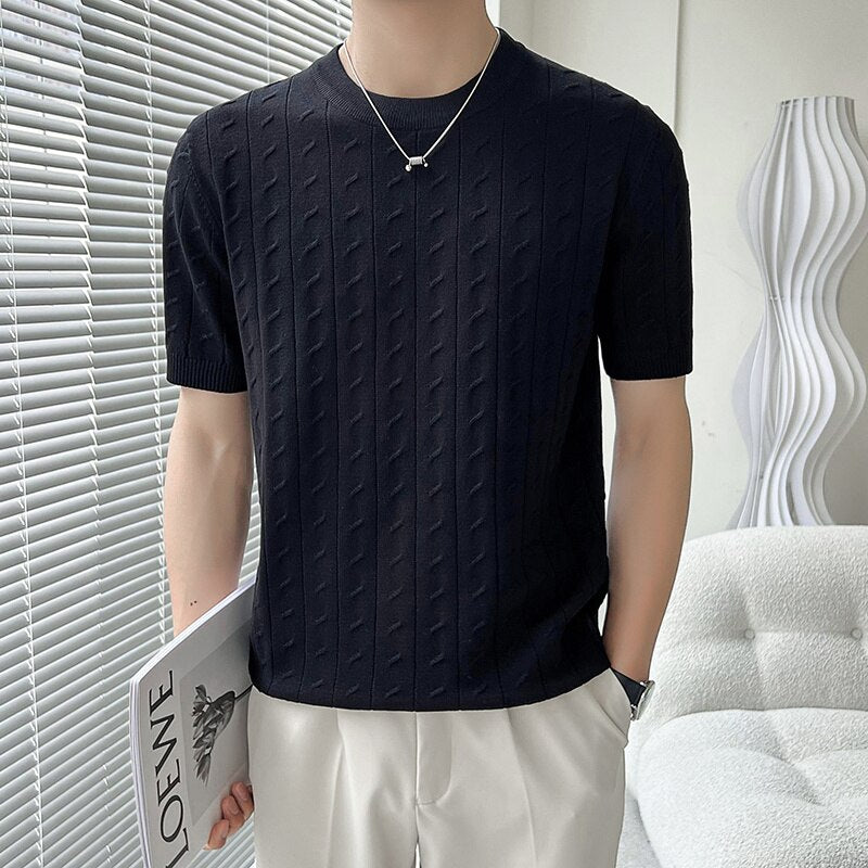 Gbolsos Summer Short-sleeved T-shirt Men Slim Fit Fashion Casual Knitted T Shirt Men British Style Round Neck Knit Tshirt Mens Top M-3XL