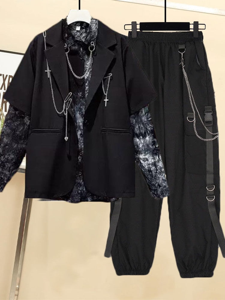 Gbolsos Autumn 2023 Women Chain Cargo Pants+Chian Blouse+Chain Vest Women Streetwear Harajuku 3 Piece Set For Women Pants