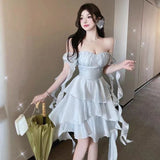 Gbolsos Retro Gentle Ribbons Chiffon Ruffles Dress Puff Sleeves Square Collar Streamers Irregular Cake A-Line Skirt Dress Fairy Vestidos