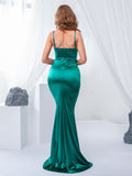 Gbolsos Low Cut Pleated Sleeveless  Maxi Dress Stretchy Satin Spaghetti Straps Backless Long Gown Evening Party