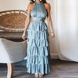 Gbolsos Summer Sexy High Waist Sleeveless Boho Long Dresses Hollow Out Cascading Ruffle Cake Dress Women Halter Beach Maxi Dresses