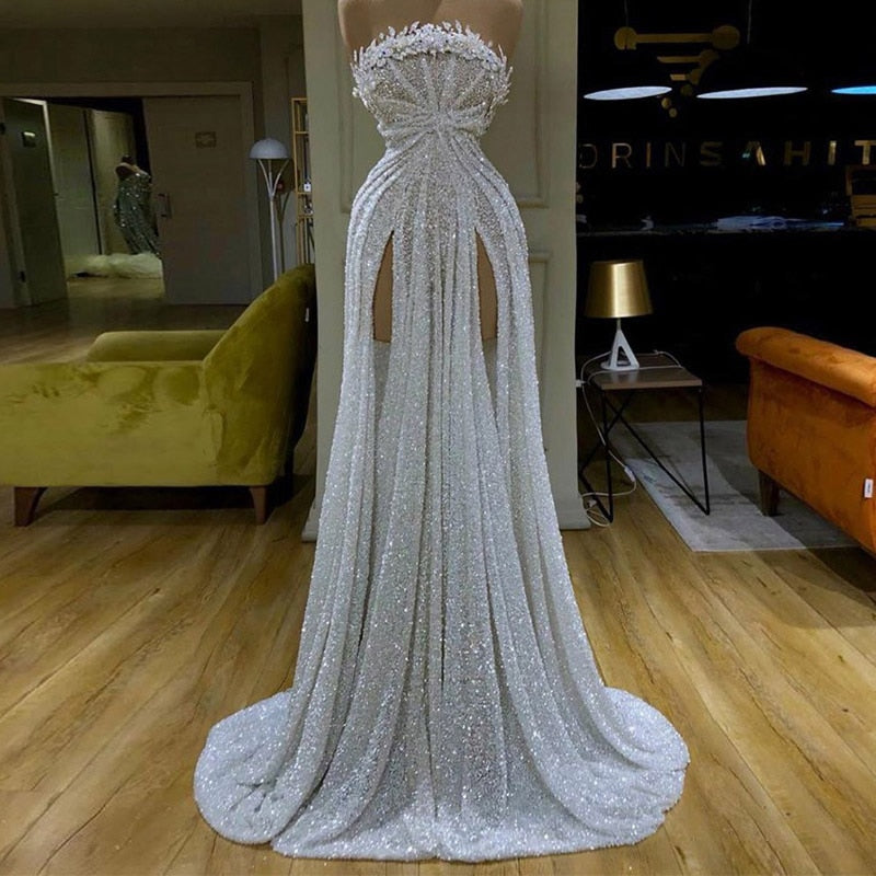 Gbolsos Luxury White Prom Dresses Sexy Withtout Sleeves  Strapless High Split Formal Evening Dresses Gowns  Robe De Soir¨e
