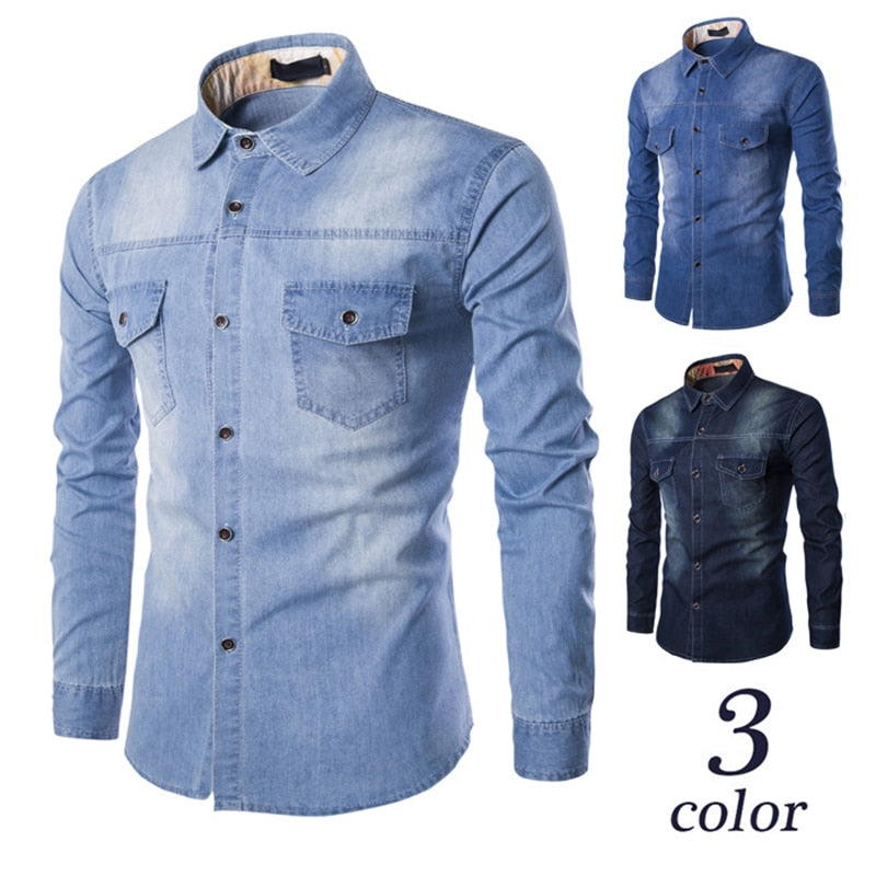 Gbolsos Fashion Mens Denim Shirt Long Sleeve Plus Size Cotton Jeans Cardigan Casual Slim Fit Shirts Men Two-pocket Tops Clothing M-6XL