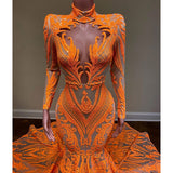 Gbolsos Orange Mermaid Evening Gowns  Party Dress For Womens Blingbling Applique Long Sleeves Occasion Gown Robe De Soir¨e