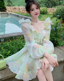 Gbolsos France Sweet Tie-dyed Fairy Dress Women Elegant Chic Ruffles V-Neck Long Sleeve Princess Dresses Female Casual Beach Vestidos