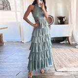 Gbolsos Summer Sexy High Waist Sleeveless Boho Long Dresses Hollow Out Cascading Ruffle Cake Dress Women Halter Beach Maxi Dresses