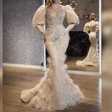 Gbolsos Evening Gowns Women Party Dress Full Lace Beading Feather Prom Dresses Long Sleeves High Neck Robe De Soir¨e