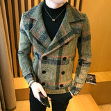 Gbolsos Autumn Winter New Double-Breasted Windbreaker Slim Short Men Woolen Coat Fashion Retro Plaid Thick Casual Windbreaker Coat